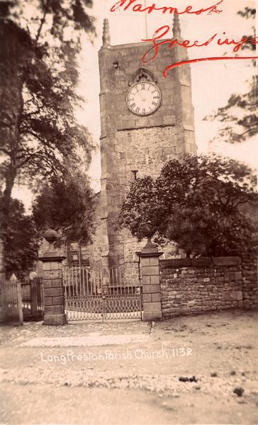 St Marys Church gate 1908.jpg - St Mary's Church, before the lych gate was added to the entrance.   This is taken from a postcard date stamped 14th January 1908 (The reverse of the postcard is shown in the next image)  ( Does anyone know the exact date, this was replaced? )  The gates went to the Baptist Chapel, when they were replaced with the Lych gate.